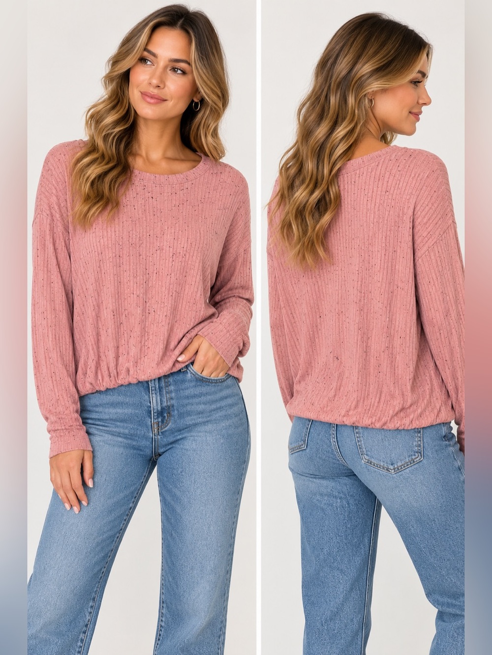 Westbound Pink Speckled Ribbed Long Sleeve Top NWT